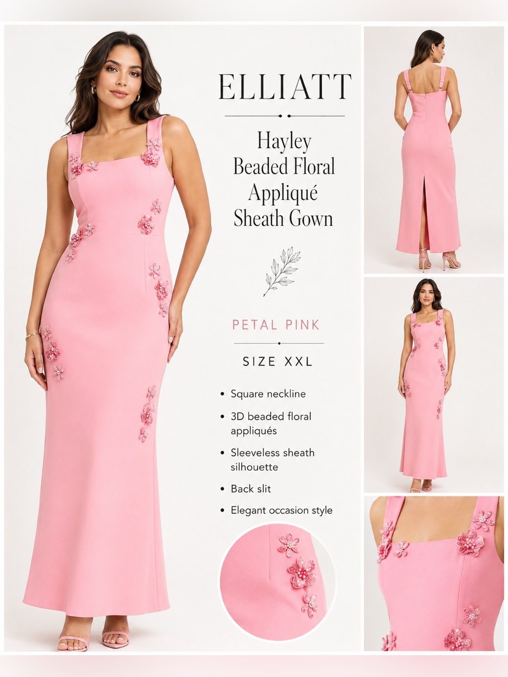 ELLIATT Hayley Beaded Floral Appliqué Sheath Gown Petal Pink XXL